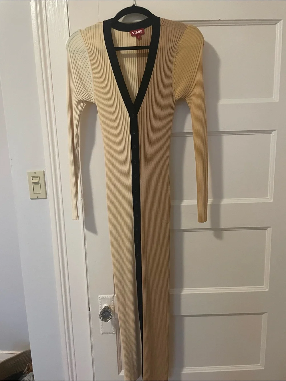 STAUD Two-Tone Ribbed Button-Front Midi Dress in Cream and Yellow - Picture 3 of 4